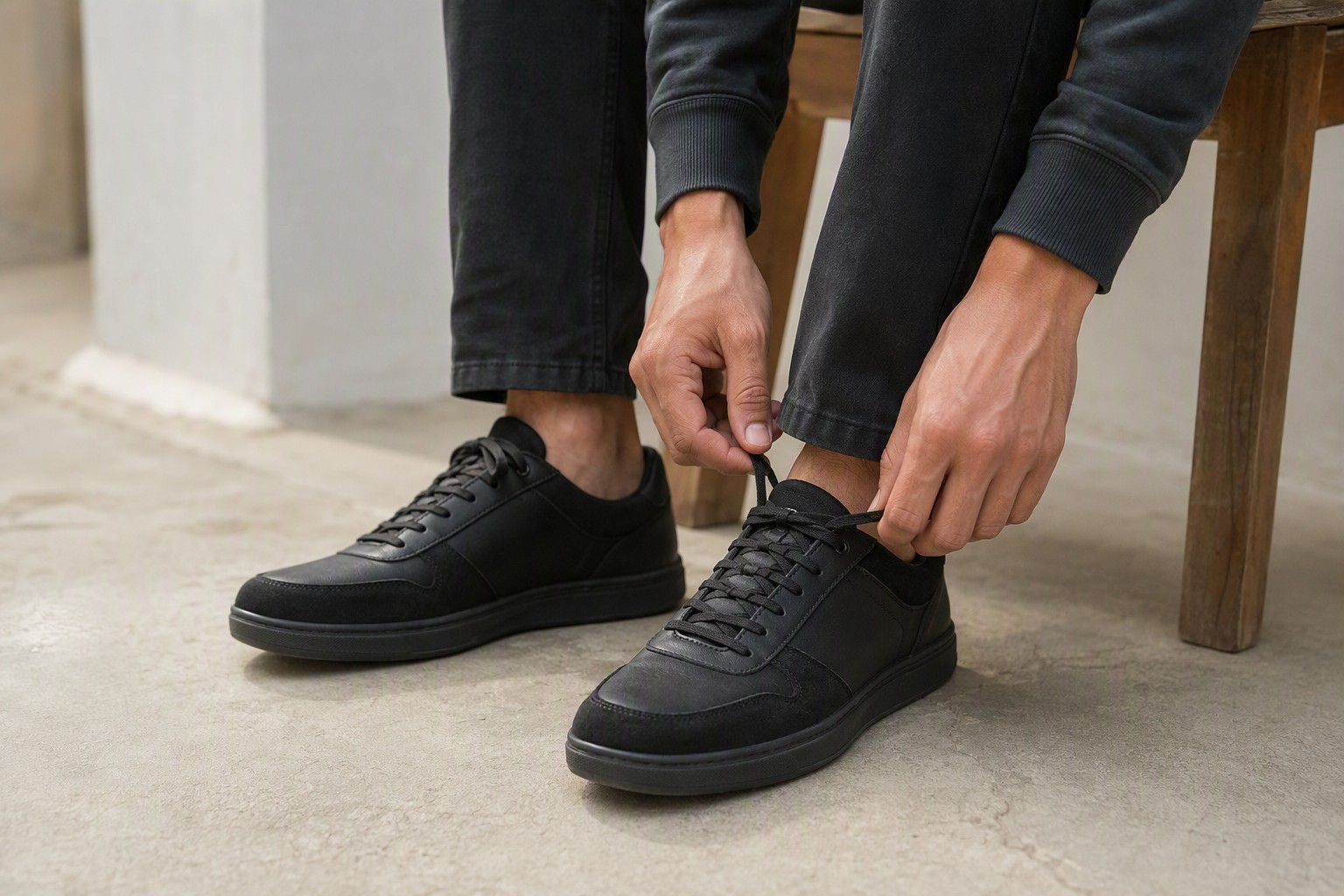 Persona ajustando zapatillas negras sin marca